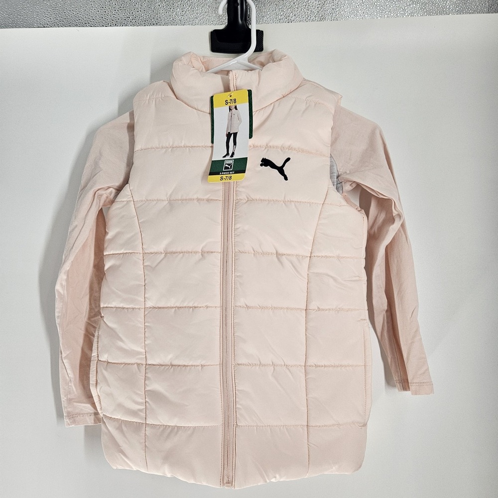 NWT PUMA Girls Size 7/8 2 Piece Pink Puffer Vest with Long-sleeved Top